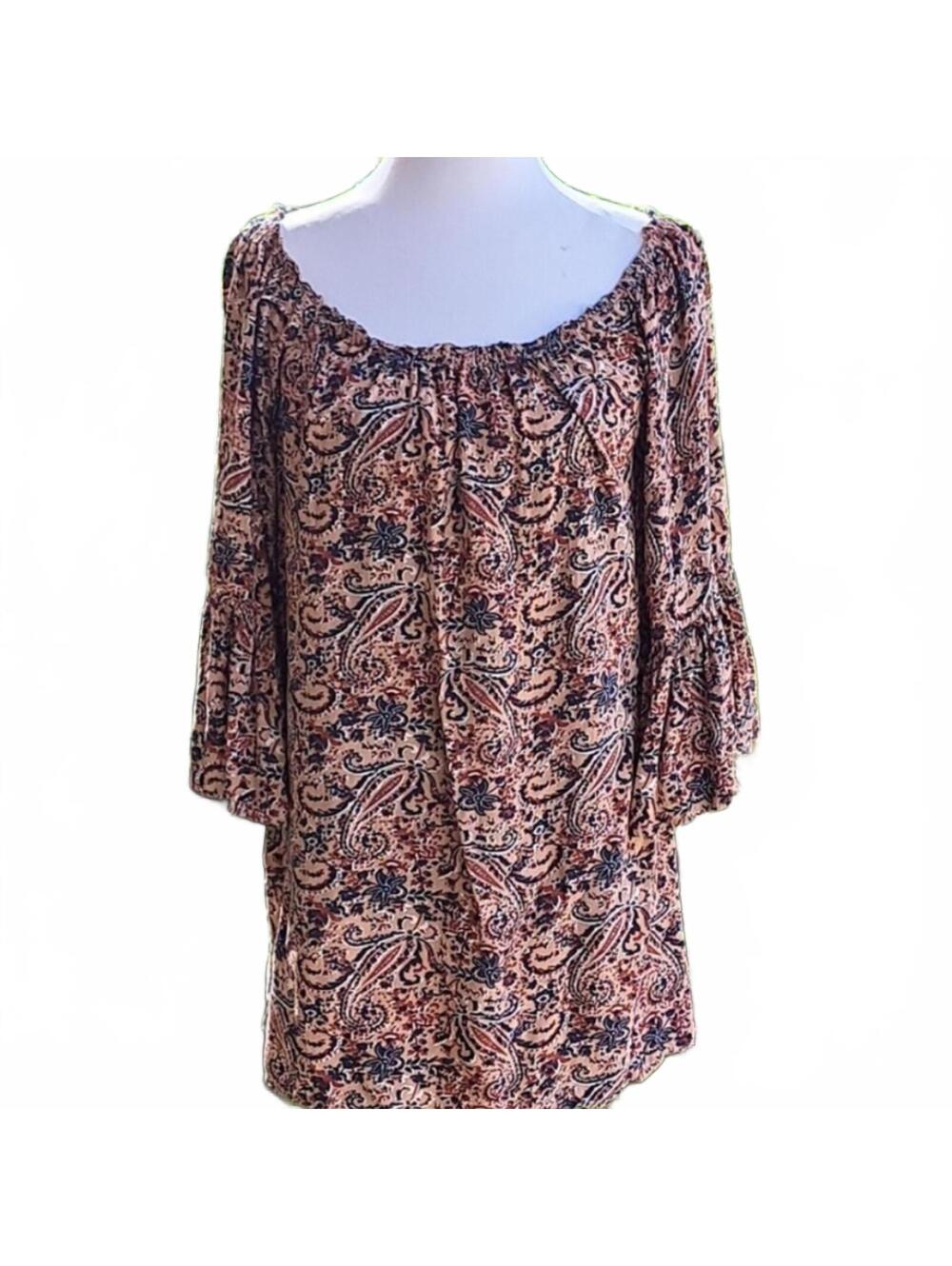 Blu Pepper Tan Black Paisley Off-Shoulder Tunic Dress Size Small